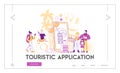 App for Tourists Landing Page Template. Happy People Go Travel Booking Plane Tickets Using Mobile Phone Royalty Free Stock Photo