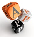 App word on orange, black and white dice toy blocks