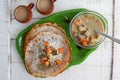 Appam with mutton stew Non-vegetarian sadhya Indian food for Onam sadya Christmas Easter celebration Kerala India Sri Lanka Royalty Free Stock Photo