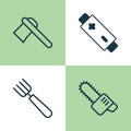 Apparatus Icons Set. Collection Of Gasoline Cutter, Garden Fork, Alkaline And Other Elements. Also Includes Symbols Such