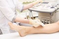Apparatus ultrasound examination. Patients foot. Doctors work. Medical research