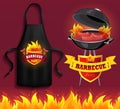 Apparel for grilling food on BBQ. White apron with barbecue restaurant logo image next to grill