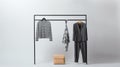 Apparel on a metal clothes rack. Shirt, office suit, scarf, and leather bag, on background with copy space. Generative AI