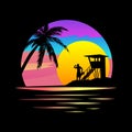 Baywatch Apparel Graphic. Sunset on Tropical island. Vector graphic, black silhouette on vivid, colourful background. Royalty Free Stock Photo