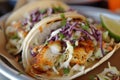 Spicy Grilled Fish Tacos with Purple Cabbage Slaw, Perfect for Food Blogs and Menus Royalty Free Stock Photo