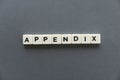 Appendix word made of square letter word on grey background.