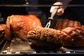 Appetising cooked whole joint of roast pork with crackling on a fork with chef hand visible Royalty Free Stock Photo