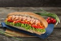 Appetising hot dog with vegetables and green salad close up on a wooden background