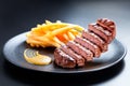 Appetising steak slices levitate above the black plate. Creative shot of steak and french fries on a dark background Royalty Free Stock Photo