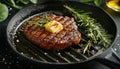 Appetite: Big beef steak, perfectly roasted with rosemary herbs and pepper, sizzling on a cast iron grill pan. Enhanced with Royalty Free Stock Photo