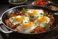 Appetites eggs with yolk in a pan with bacon.