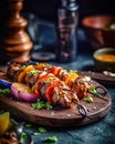 Appetitive Grilled meat shashlik, shish kebab with vegetables on wooden board. Good food.