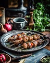 Appetitive Grilled meat skewers, shish kebab with vegetables on plate. Good food. Generative AI Royalty Free Stock Photo