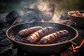 Appetitive grilled sausage on flaming grill on grill pan. Delicious crisp sausages. Picnic concept