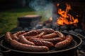 Appetitive grilled sausage on flaming grill on grill pan. Delicious crisp sausages. Picnic concept Royalty Free Stock Photo