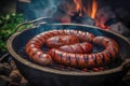 Appetitive grilled sausage on flaming grill on grill pan. Delicious crisp sausages. Picnic concept Royalty Free Stock Photo