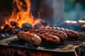 Appetitive grilled sausage on the flaming grill. Delicious crisp sausages. Generative AI