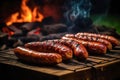 Appetitive grilled sausage on the flaming grill. Delicious crisp sausages. Generative AI