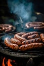 Appetitive grilled sausage on the flaming grill. Delicious crisp sausages. Space for text. Generative AI Royalty Free Stock Photo