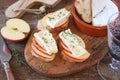 Appetizer. Apples and Camembert cheese bread toast and red wine. Healthy savory sandwich Royalty Free Stock Photo