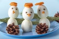 Appetizer from boiled eggs and carrot. Funny snowmans. Kid`s menu for Christmas and New Year