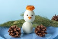 Appetizer from boiled eggs and carrot. Funny snowmans. Kid`s menu for Christmas and New Year