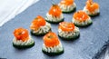 Appetizer canape with salmon, cucumber and cream cheese on stone slate background close up. Royalty Free Stock Photo