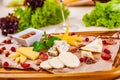 Appetizer. Cheese platter with honey, nuts and grape Royalty Free Stock Photo
