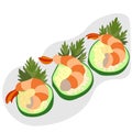 appetizer of cucumber slices with shrimp and cheese, decorated with sprig of parsley. vector illustration of food and snacks for