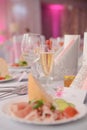 Appetizer a ham and a beautiful table setting at a wedding Royalty Free Stock Photo
