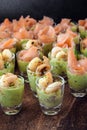 Appetizer on the party buffet with prawn shrimps and salmon on a Royalty Free Stock Photo