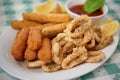 Appetizer plate with Mozzarella sticks, fried calamari and zucchini Royalty Free Stock Photo