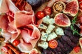 Appetizer platter. dry cured ham, prosciutto slices with figs and cheese. Delicious balanced food concept Royalty Free Stock Photo