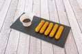 Appetizer portion of mozzarella sticks coated in flour, panko and egg coated Royalty Free Stock Photo