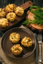Appetizer - potato muffins with chicken meat and cheese. Royalty Free Stock Photo