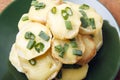 Appetizer of potatoes, cheese and green onions. There is room for text Royalty Free Stock Photo