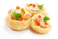 Appetizer with red caviar, gourmet food, party snack. Profiterol