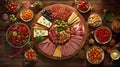 Appetizer and refreshment set. Plate of canapes with vegetables, cheese, salami and olives decorated for party table, top view