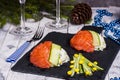 Appetizer with rice, corn and salmon Royalty Free Stock Photo