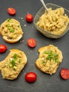 Appetizer romanian eggplant salad with onion and tomatoes spread on bread Royalty Free Stock Photo