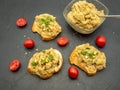 Appetizer romanian eggplant salad with onion and tomatoes spread on bread Royalty Free Stock Photo