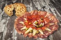 Appetizer Savory Dish Meze And Leavened Pitta Flatbread Torn Loaf Set On Old Weathered Cracked Flaky Wooden Garden Table Royalty Free Stock Photo