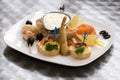 Appetizer seafood. caviar on white bread, slices of salmon, with Puff Pastry Snacks Shrimps, Royalty Free Stock Photo