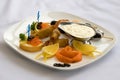 Appetizer seafood. caviar on white bread, slices of salmon, with Puff Pastry Snacks Shrimps, Royalty Free Stock Photo