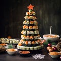 appetizer in shape of Christmas tree from rolls, sushi, red fish, traditional Japanese cuisine on festive New Year\'s table. Royalty Free Stock Photo