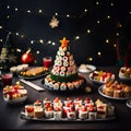 appetizer in shape of Christmas tree from rolls, sushi, red fish, traditional Japanese cuisine on festive New Year\'s table.