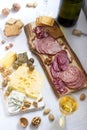 Appetizer of various types of sausages, meats, cheeses and crackers on a wooden board, served to wine