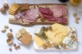 Appetizer of various types of sausages, meats, cheeses and crackers on a wooden board, served to wine