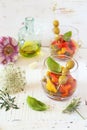 Appetizer. Vegetable salad: roasted tricolors bell pepper with olive oil and garlic Royalty Free Stock Photo