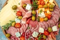 Appetizers or antipasto set with gourmet food. Mixed delicatessen of cheese and meat snacks, Food recipe background. Close up Royalty Free Stock Photo